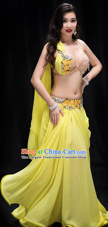 Traditional Asian Oriental Dance Clothing Indian Belly Dance Stage Performance Bra and Yellow Veil Skirt Outfits