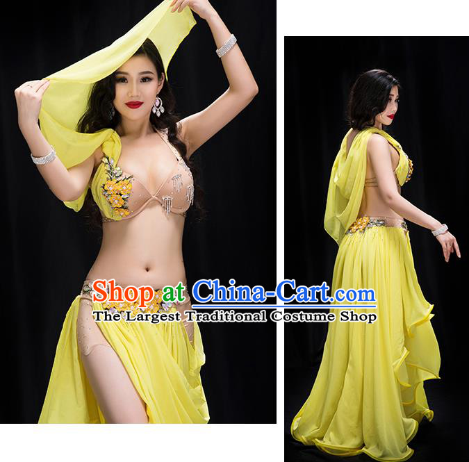 Traditional Asian Oriental Dance Clothing Indian Belly Dance Stage Performance Bra and Yellow Veil Skirt Outfits