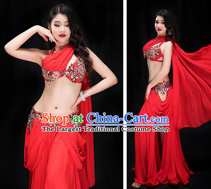 Traditional Asian Oriental Dance Stage Performance Clothing Indian Belly Dance Red Bra and Skirt Outfits