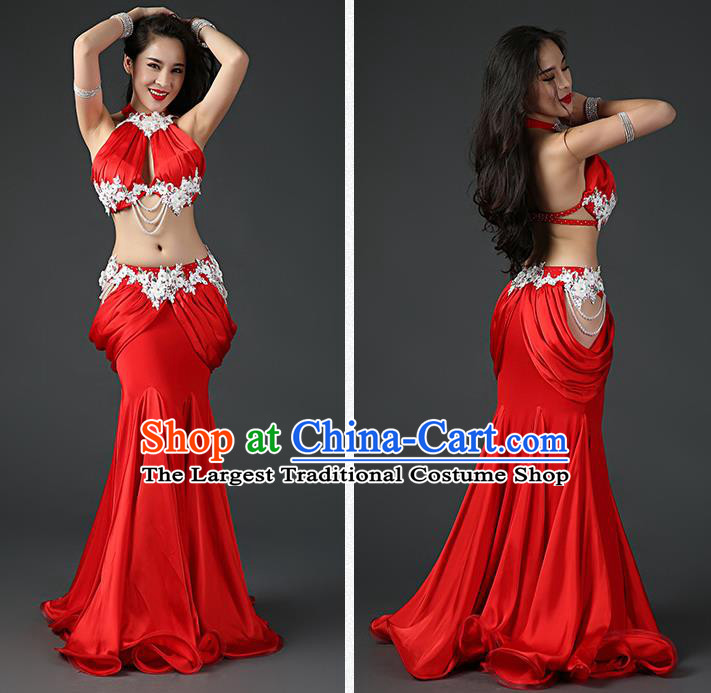 Traditional Indian Belly Dance Sexy Red Outfits Clothing Asian Oriental Dance Bra and Fishtail Skirt