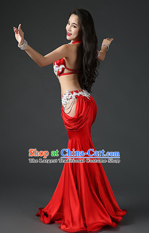 Traditional Indian Belly Dance Sexy Red Outfits Clothing Asian Oriental Dance Bra and Fishtail Skirt