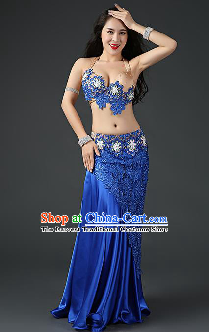 Traditional Indian Belly Dance Stage Performance Outfits Clothing Asian Oriental Dance Embroidered Bra and Royalblue Skirt