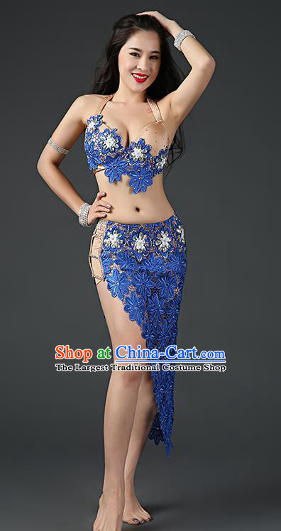 Traditional Indian Belly Dance Stage Performance Outfits Clothing Asian Oriental Dance Embroidered Bra and Royalblue Skirt