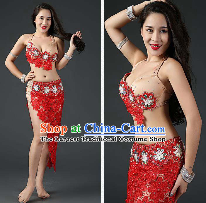 Asian Oriental Dance Embroidered Bra and Red Skirt Traditional Indian Belly Dance Stage Performance Outfits Clothing