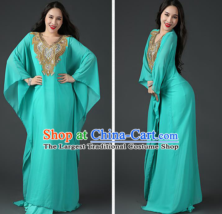 Asian Oriental Dance Sequins Green Chiffon Robe and Slip Dress India Traditional Belly Dance Stage Performance Clothing