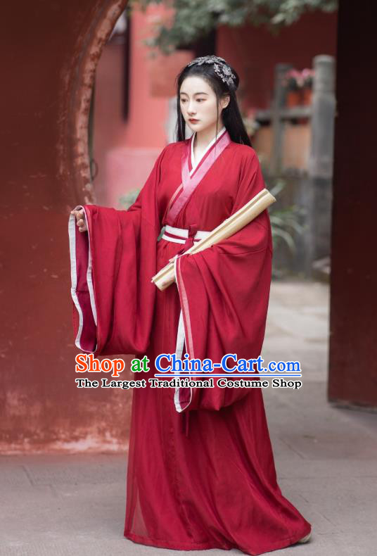 China Ancient Palace Lady Red Hanfu Dress Apparels Traditional Jin Dynasty Historical Clothing