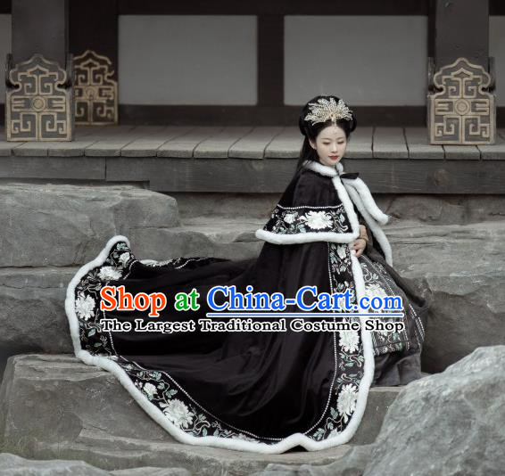 China Ancient Imperial Concubine Embroidered Black Cape Traditional Ming Dynasty Hanfu Cloak Clothing