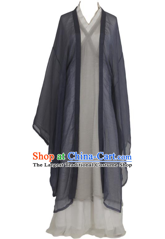 China Ancient Swordswoman Hanfu Dress Traditional Jin Dynasty Young Beauty Grey Clothing