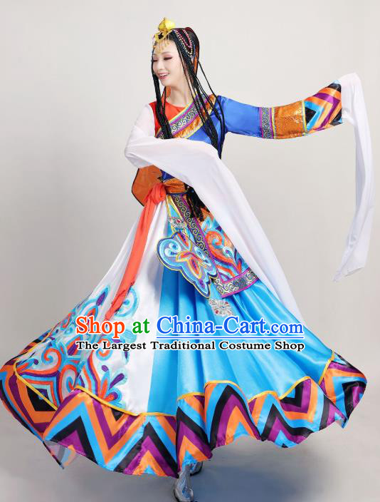 Chinese Traditional Zang Nationality Stage Performance Clothing Xizang Tibetan Ethnic Dance Water Sleeve Dress