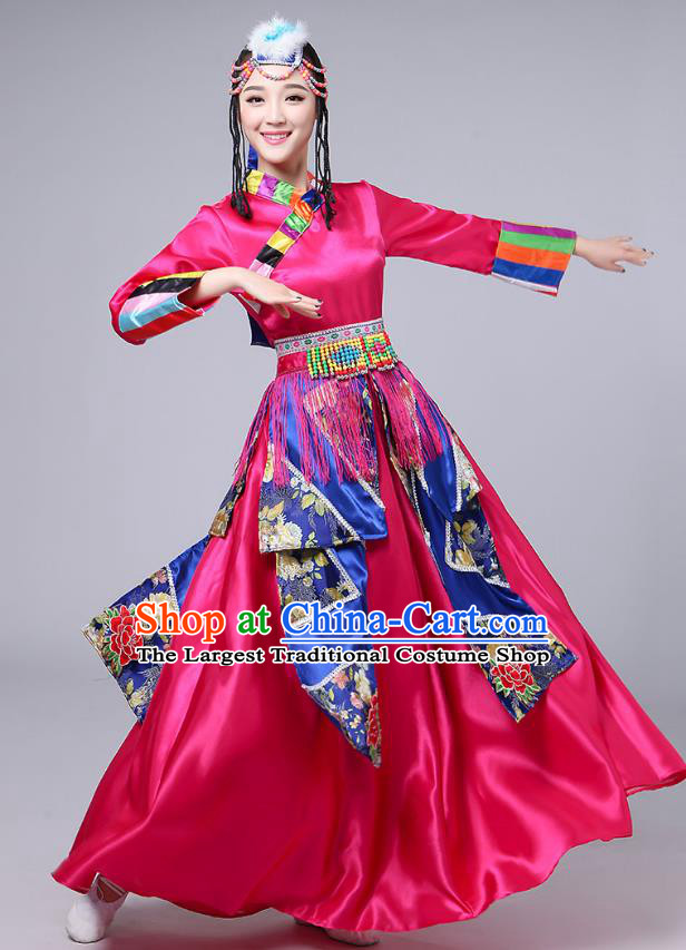 Chinese Zang Nationality Dance Performance Clothing Traditional Xizang Tibetan Ethnic Folk Dance Rosy Dress