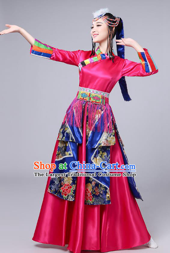 Chinese Zang Nationality Dance Performance Clothing Traditional Xizang Tibetan Ethnic Folk Dance Rosy Dress