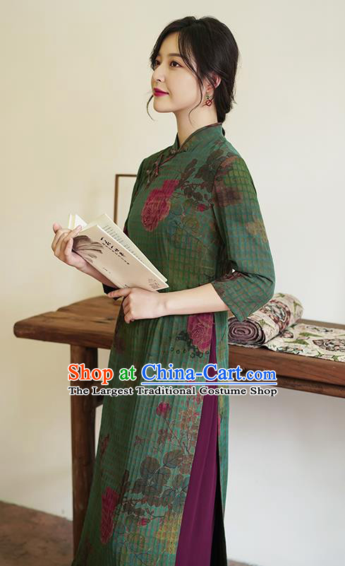 China National Green Silk Cheongsam Classical Printing Peony Butterfly Qipao Dress