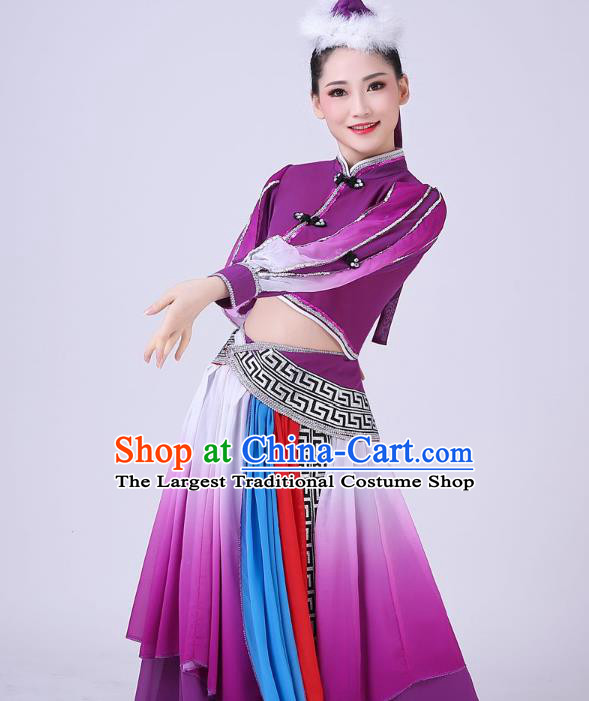 Chinese Traditional Mongolian Nationality Dance Clothing Mongol Ethnic Folk Dance Purple Dress Outfits