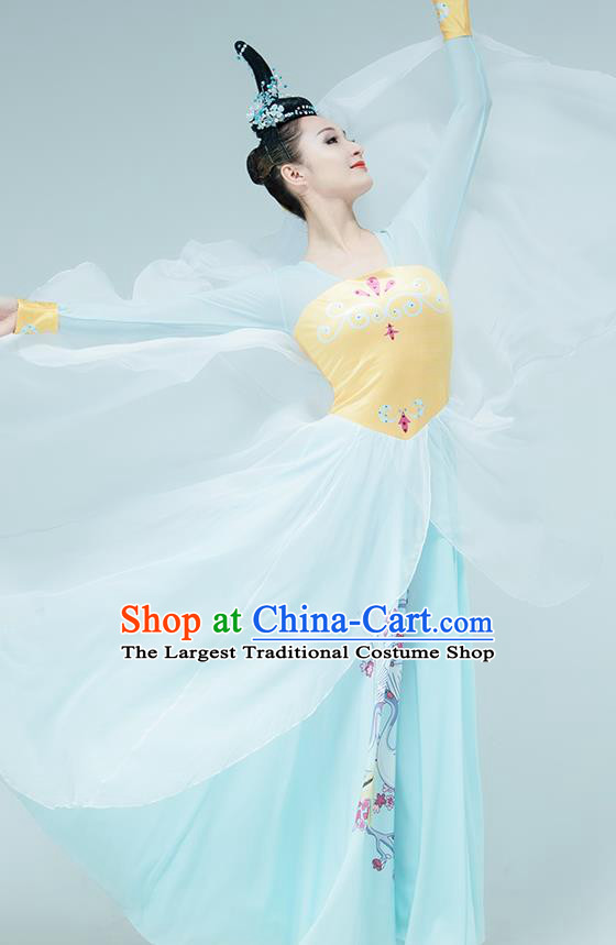 Chinese Fan Dance Printing Blue Outfits Classical Dance Stage Performance Clothing