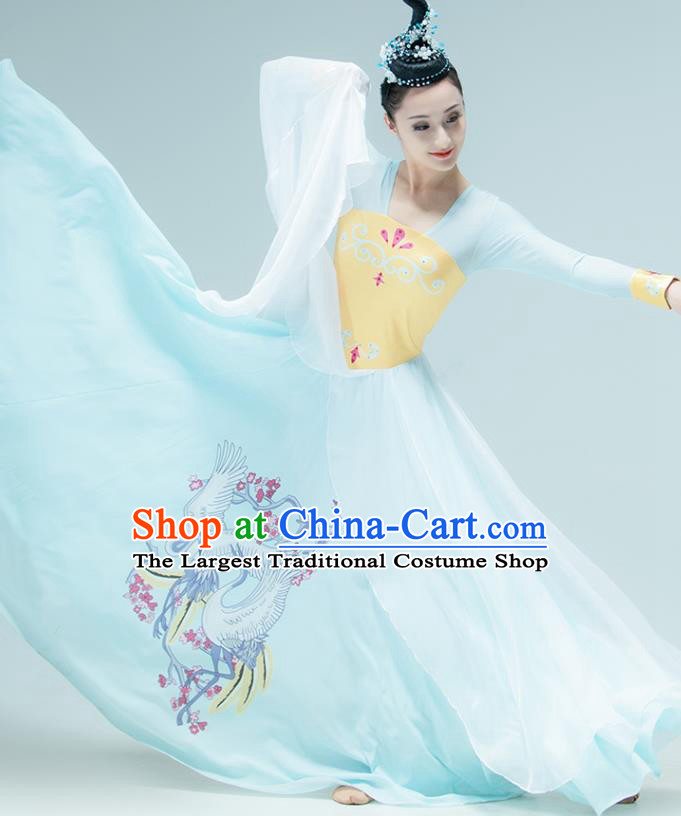 Chinese Fan Dance Printing Blue Outfits Classical Dance Stage Performance Clothing