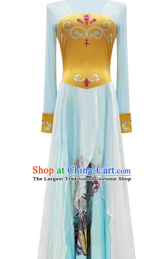 Chinese Fan Dance Printing Blue Outfits Classical Dance Stage Performance Clothing