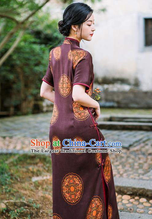 China National Young Lady Cheongsam Classical Purple Silk Qipao Dress Clothing