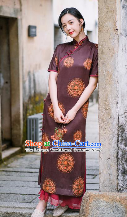 China National Young Lady Cheongsam Classical Purple Silk Qipao Dress Clothing