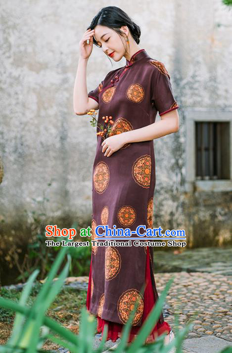 China National Young Lady Cheongsam Classical Purple Silk Qipao Dress Clothing