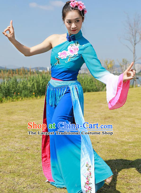 Chinese Fan Dance Clothing Folk Dance Yangko Dance Stage Performance Blue Outfits