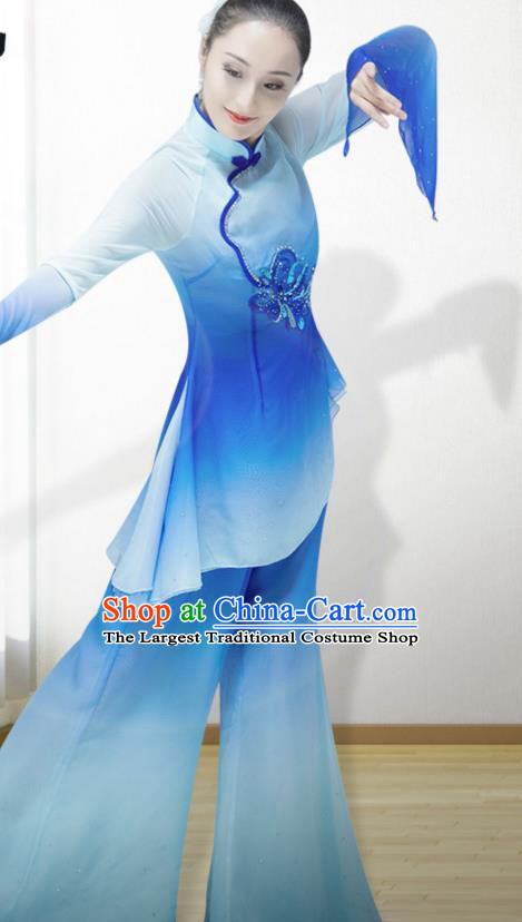 Chinese Folk Dance Blue Outfits Jiaozhou Yangko Dance Fan Dance Clothing
