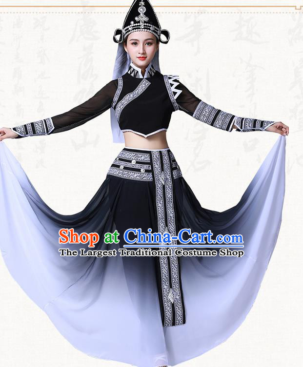 Chinese Yunnan Ethnic Stage Performance Clothing Traditional Dai Nationality Folk Dance Black Dress Outfits