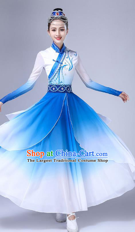 Chinese Mongolian Ethnic Stage Performance Clothing Traditional Mongol Nationality Bowl Dance Blue Dress