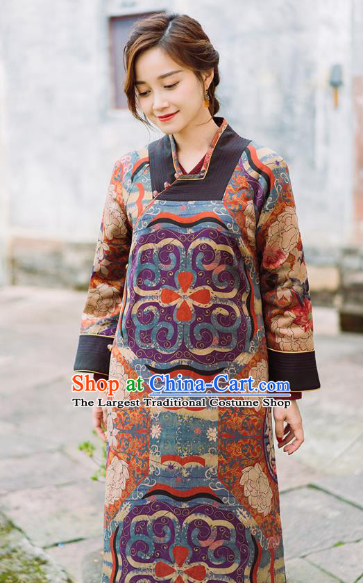 China Tang Suit Winter Long Gown National Women Clothing Classical Silk Cotton Wadded Coat