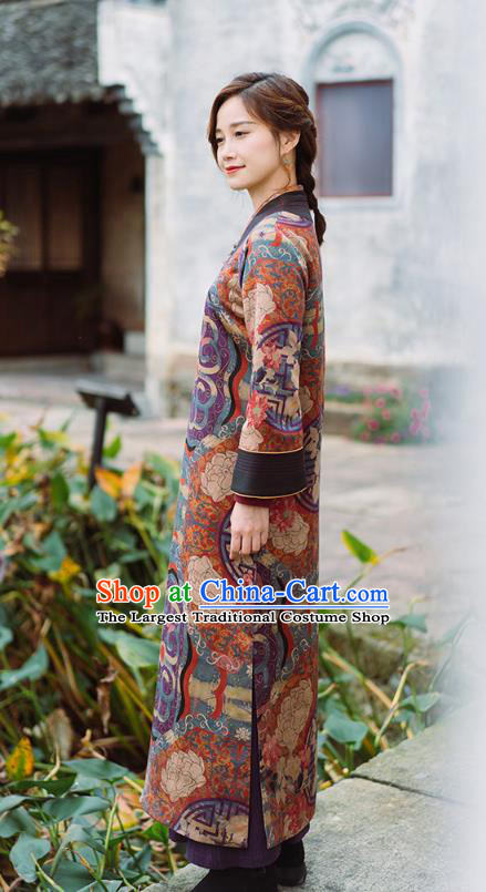 China Tang Suit Winter Long Gown National Women Clothing Classical Silk Cotton Wadded Coat