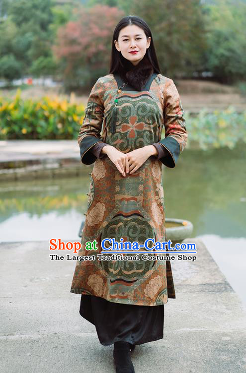 China Classical Green Silk Cotton Wadded Coat Tang Suit Winter Long Gown National Women Clothing