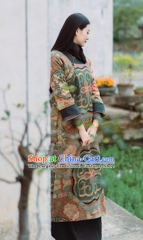 China Classical Green Silk Cotton Wadded Coat Tang Suit Winter Long Gown National Women Clothing