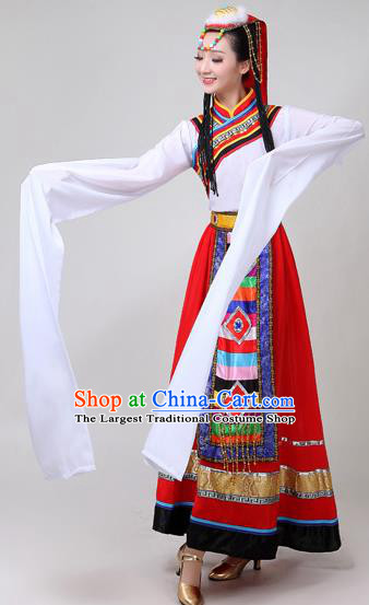 Chinese Traditional Zang Nationality Water Sleeve Dance Clothing Xizang Tibetan Ethnic Folk Dance Red Dress