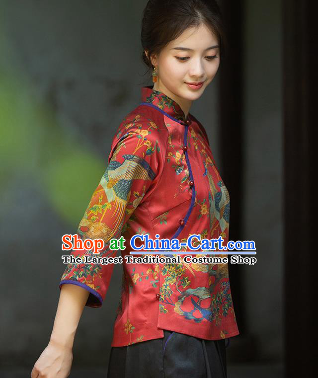 China Classical Cheongsam Shirt National Women Clothing Tang Suit Red Silk Blouse