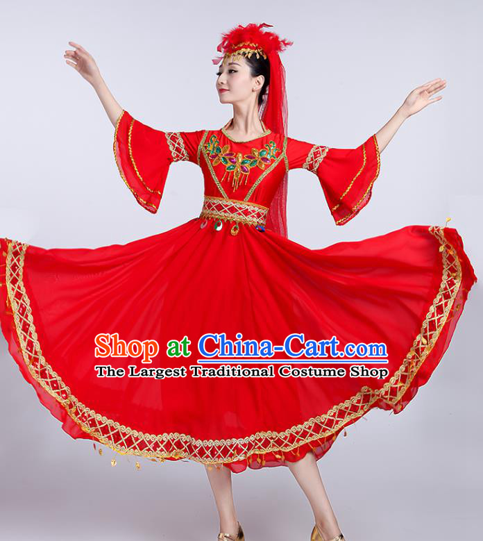 Chinese Uyghur Ethnic Folk Dance Red Dress Traditional Xinjiang Uyghur Nationality Dance Clothing