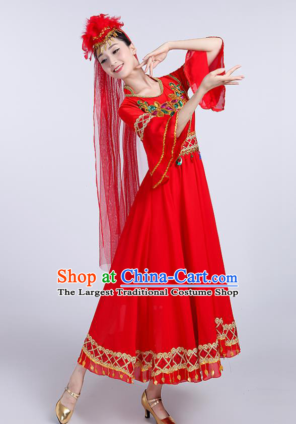 Chinese Uyghur Ethnic Folk Dance Red Dress Traditional Xinjiang Uyghur Nationality Dance Clothing