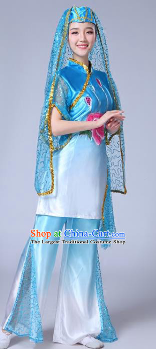 Chinese Ningxia Ethnic Folk Dance Blue Outfits Traditional Hui Nationality Bride Dance Clothing