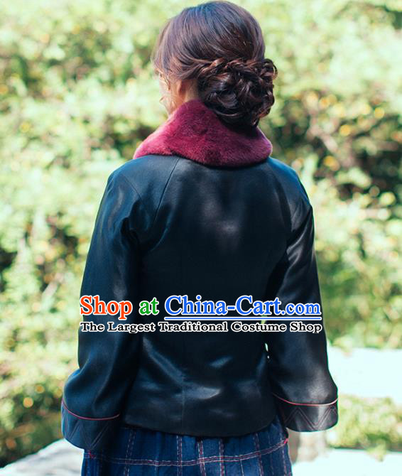 China Classical Embroidered Jacket National Women Clothing Tang Suit Black Silk Cotton Wadded Coat