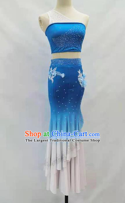 Chinese Dai Ethnic Folk Dance Blue Outfits Traditional Yunnan Nationality Peacock Dance Clothing