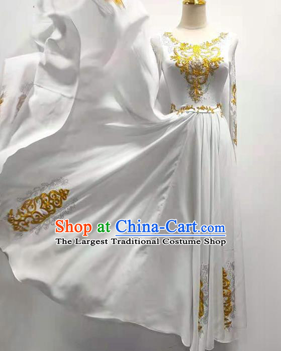 Chinese Xinjiang Ethnic Folk Dance White Dress Traditional Uygur Nationality Stage Performance Clothing