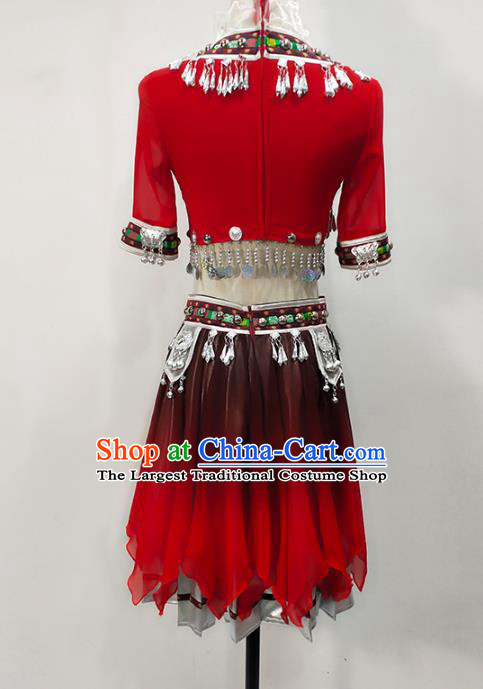 Chinese Xiangxi Hmong Ethnic Folk Dance Dress Traditional Miao Nationality Stage Performance Red Outfits Clothing