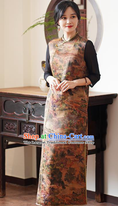 China Tang Suit Coat National Women Clothing Classical Brown Silk Long Gown