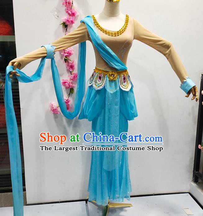 China Flying Apsaras Stage Performance Blue Outfits Classical Dance Clothing Goddess Dance Costume
