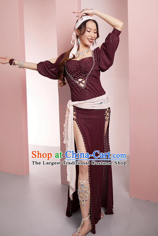 Indian Belly Dance Clothing Asian Oriental Dance Stage Performance Purplish Red Robe Outfits