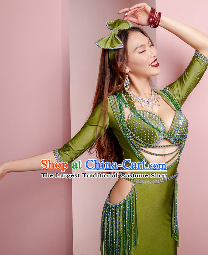 Professional Indian Oriental Dance Belly Dance Training Clothing Asian Raks Sharki Diamante Green Robe Outfits