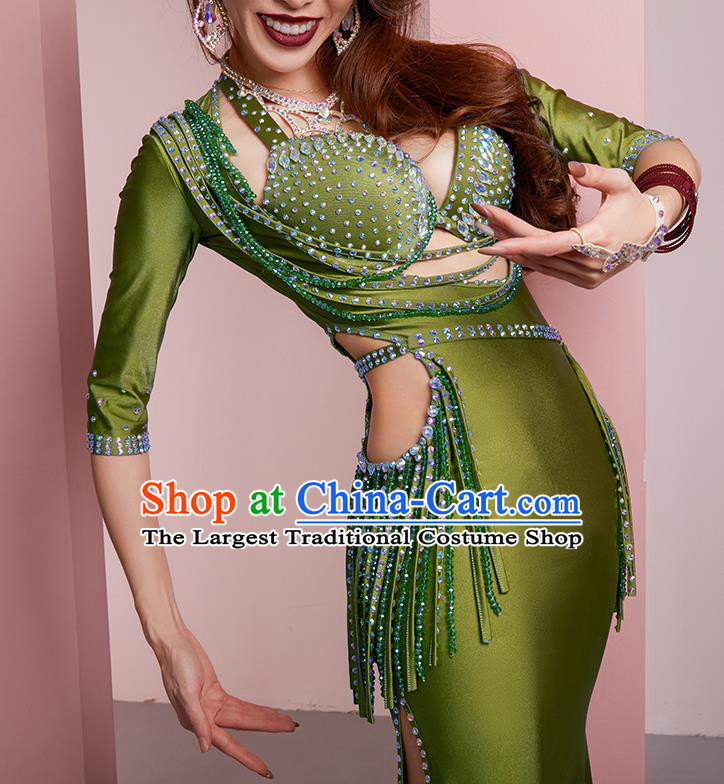 Professional Indian Oriental Dance Belly Dance Training Clothing Asian Raks Sharki Diamante Green Robe Outfits