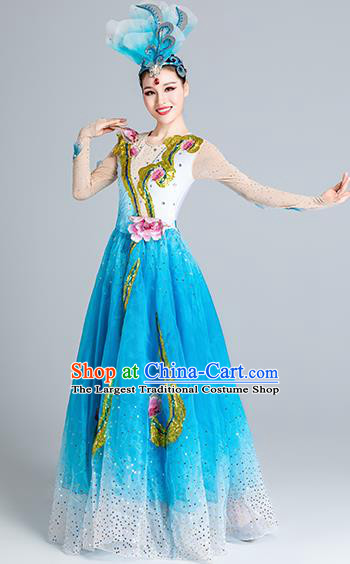 China Modern Dance Clothing Peony Dance Costume Opening Dance Stage Performance Blue Dress