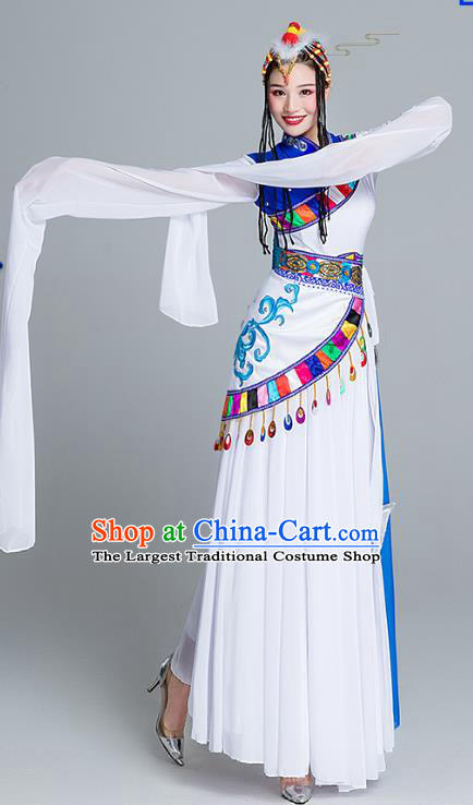 Chinese Traditional Zang Nationality White Water Sleeve Dress Outfits Tibetan Ethnic Stage Performance Female Clothing