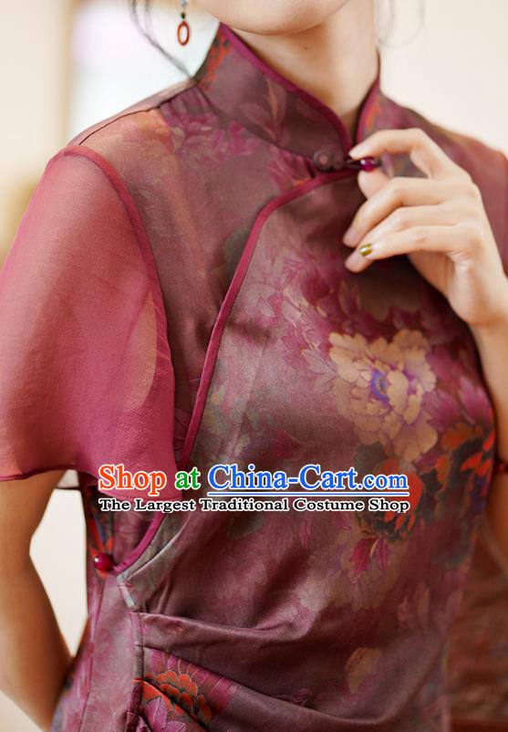 China National Costume Cheongsam Classical Peony Pattern Purple Silk Qipao Dress