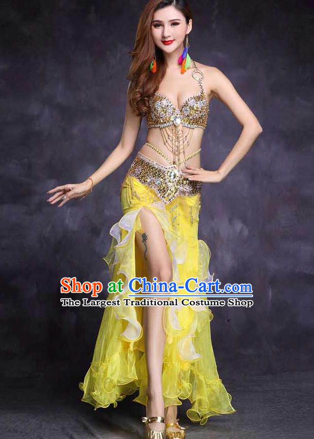 High Indian Belly Dance Diamante Yellow Bra Outfits India Female Oriental Dance Stage Performance Clothing