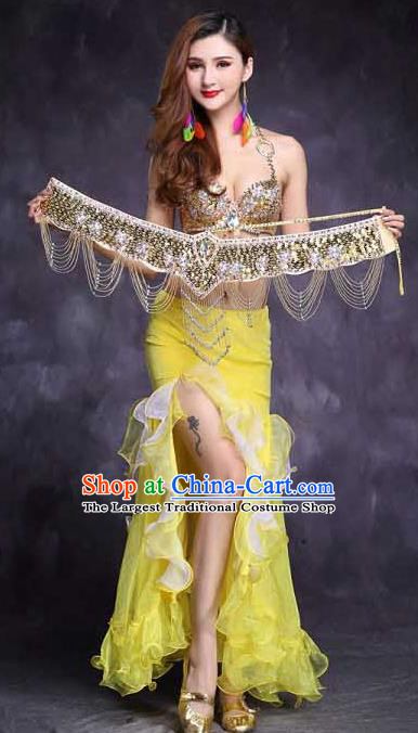 High Indian Belly Dance Diamante Yellow Bra Outfits India Female Oriental Dance Stage Performance Clothing
